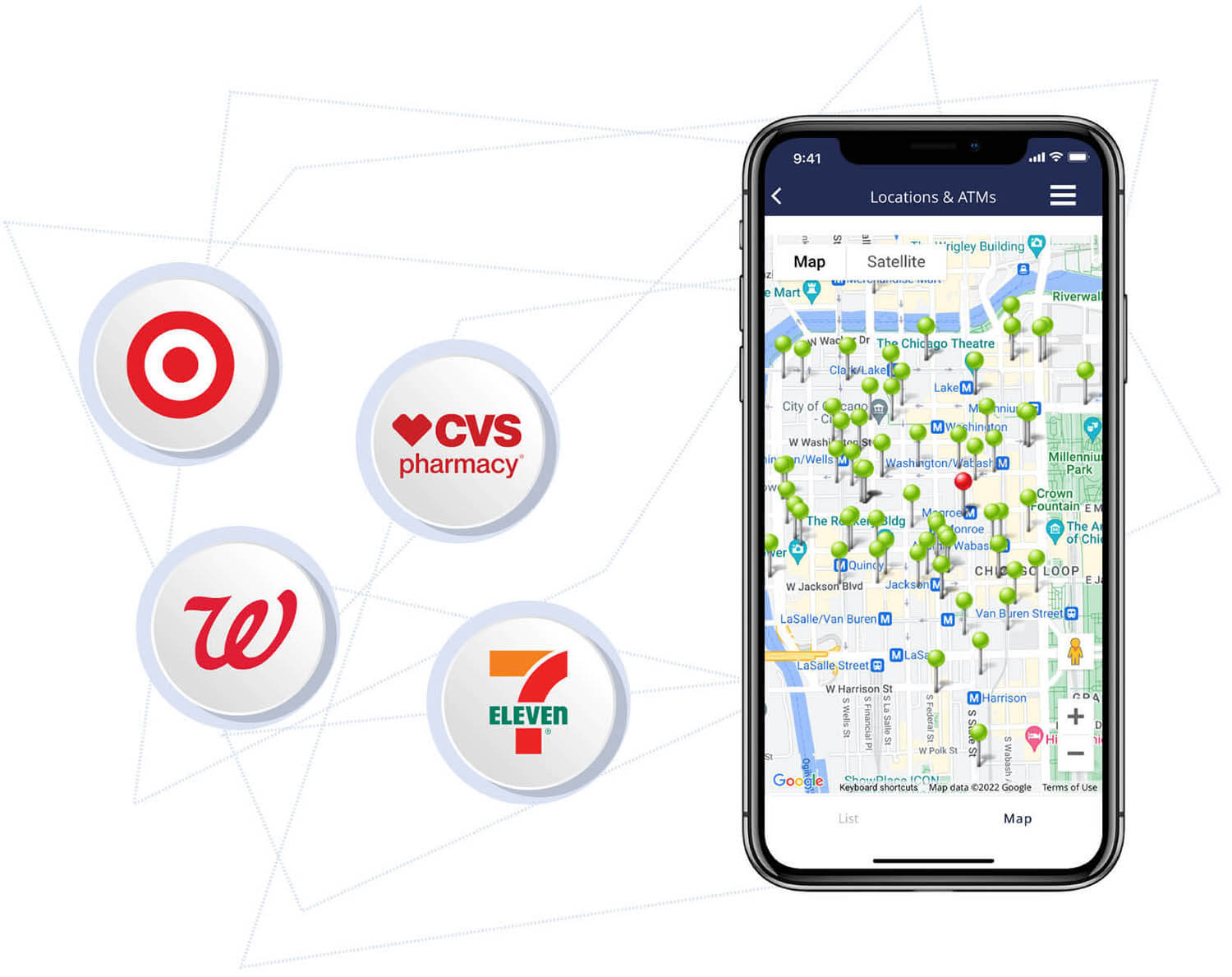 Picture of map on phone with Walmart, CVS, Target, and 7-Eleven connected